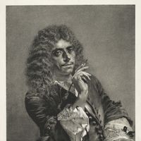 Portrait de Molière (Jean-Baptiste Poquelin, 1622-1673), lithographie de 1850 par Adolph von Menzel (1815-1905).