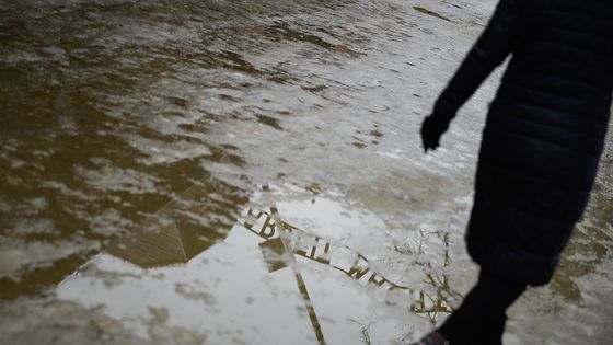 Un visiteur marche sur un reflet de la porte principale d'Auschwitz-Birkenau. ©Getty - SOPA Image
