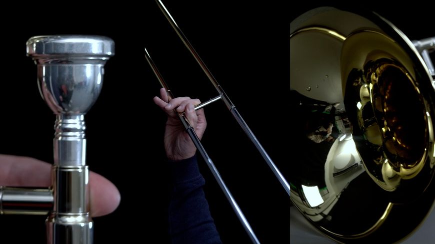 De gauche à droite : l'embouchure, la coulisse et le pavillon d'un trombone