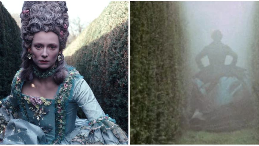 Orlando devenue femme corsetée, fuit dans 1 labyrinthe, passant du léger 18e siècle au victorien 19e siècle dans l'adaptation du roman de V. Woolf par S. Potter