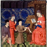 Guy de Chauliac (1300-1368, à droite), médecin français du Moyen Âge - détail d'une miniature