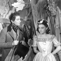 Pierre Brasseur et Maria Casarès sur le tournage des "Enfants du Paradis" de Marcel Carné en 1945.