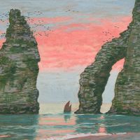 Jean-Francis Auburtin, L’Aiguille d’Étretat, ciel rouge, vers 1898-1900. Gouache sur papier, 50,5 x 66,6 cm. Collection particulière