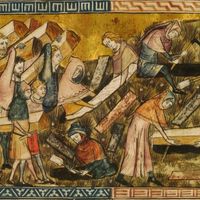 Miniature de Pierart dou Tielt, Les Tournaisiens enterrent les victimes de la peste noire.