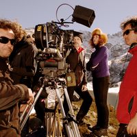 Les frères Larrieu, avec Jean-Pierre Darroussin et Sabine Azéma, tournage du 'Voyage aux Pyrénées'