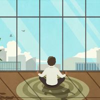 Illustration d'un personnage méditant à la fenêtre d'un appartement
