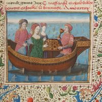 Tristan et Yseut buvant le philtre d'amour, enluminure du Tristan de Léonois (Roman de Lancelot de Gaultier de Moap), 1470.