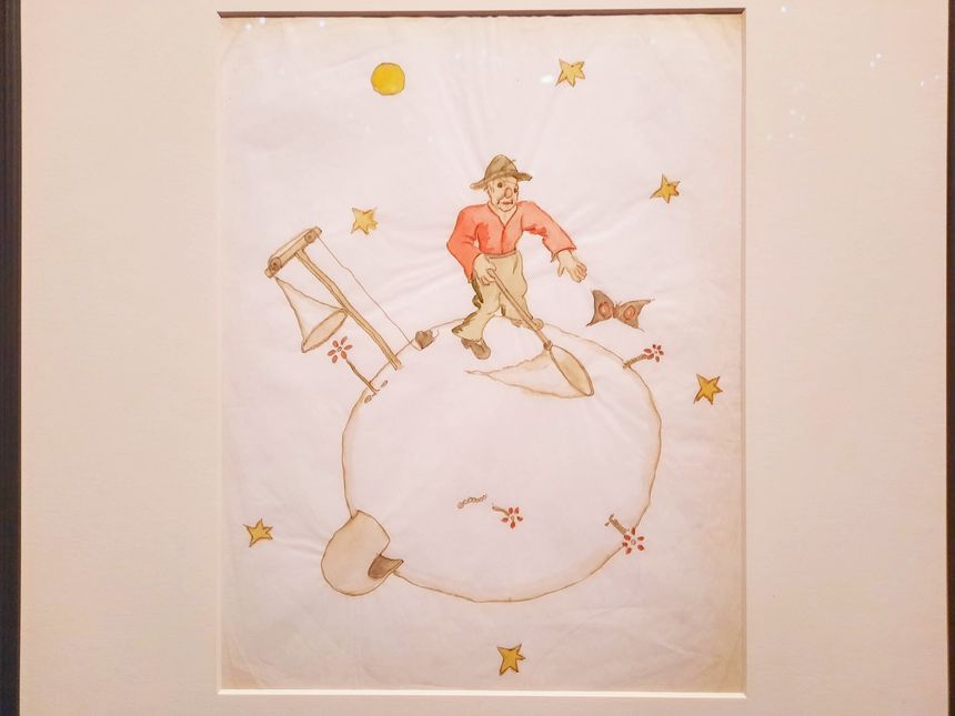 “Le chasseur de papillon”, aquarelle de 1942 montrant un personnage et sa planète qui n’apparaissent pas dans la version définitive du “Petit Prince”.