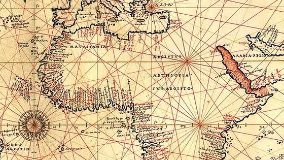 Détail d'une carte de 1620 dessinée sur une projection ovale, l'atlas Portolan de la mer Méditerranée, l'Europe occidentale, la côte nord-ouest de l'Afrique ©Getty - Buyenlarge