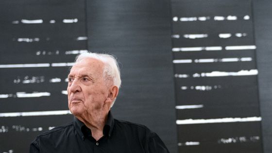 Pierre Soulages devant l'un de ses tableaux avant le vernissage de l'exposition "Soulages XXIe siècle" en octobre 2012 au Musée des Beaux-Arts de Lyon ©AFP - Philippe Desmazes