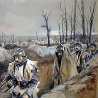 Soldats français dans les tranchées à Souchez dans l'Artois en 1915. Tableau de François Flameng