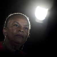 La candidate à la présidentielle Christiane Taubira lors d'un meeting à Créteil, le 12 février 2022.