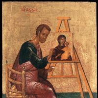 Saint Luc peint une icône de la Vierge Marie. Selon la Tradition chrétienne, il serait le premier