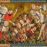 Miniature de Pierart dou Tielt (vers 1353), Bûcher des juifs - Gilles de Muisit