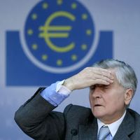 Jean-Claude Trichet, president de la banque centrale européenne, s'exprime pendant la conférence de presse annuelle le 15 janvier 2009 à Francfort, Allemagne.