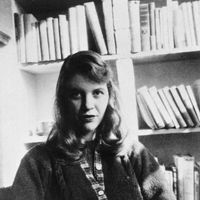 Sylvia Plath devant sa bibliothèque