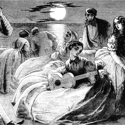 "Soirée dansante au clair de lune sur le pont d'un yacht". Extrait de "The Queen" journal illustré, numéro de décembre 1861