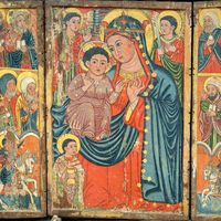 Icône l'Ecouteuse. Maternité aux abbés du monastère st Etienne de Hayq fin15e s.