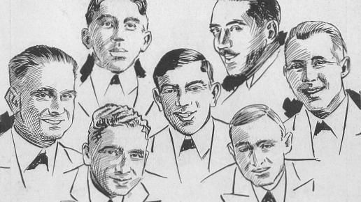 Front row : N.J. LaRocca and Henry Ragas. Second row : Eddie Edwards, Tony Spargo and Larry Shields. Third row : Emile Christian and J. Russell Robinson - New Orleans Jazz Club - September-October 1955