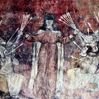 Une femme voilée vient distribuer la mort. Fresque de l’église St-André de l’abbaye de Lavaudieu.