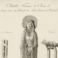 Clotilde femme de Clovis 1er, statue tirée du portail de Notre-Dame de Corbeil estampe, 6ème siècle.