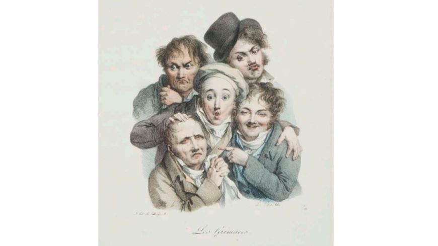 Louis-Léopold Boilly (1761-1845), Les Grimaces, vers 1823. Lithographie, tirage en noir, tirage colorié, 38 × 27,5 cm. Collection particulière