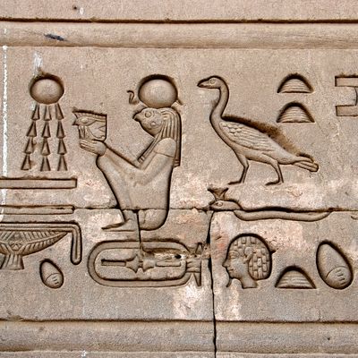 Hiéroglyphes gravés sur le mur du Temple d'Hathor situé à Dendérah (ca. 2250 avant J.C)