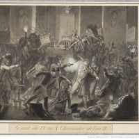 Coup d'état du 9 thermidor an II, l'arrestation de Robespierre. Dessin de F.G. Harriet/ de 1795.