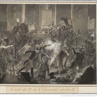 Coup d'état du 9 thermidor an II, l'arrestation de Robespierre. Dessin de F.G. Harriet/ de 1795.