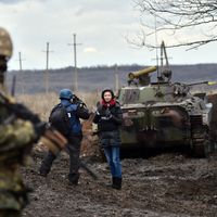 Une journaliste TV dans la région de Donetsk, le 24.12.2014.