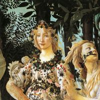 Détail de l'œuvre "Le Printemps" de Botticelli : Flora, la nymphe Chloris et Zéphyr