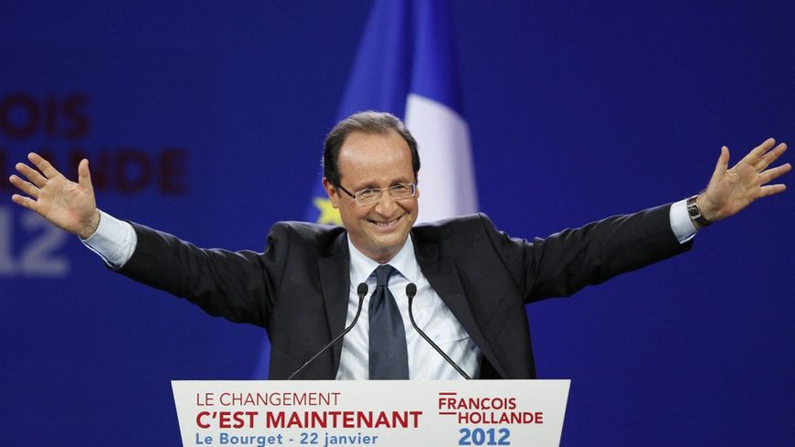 Le candidat du Parti socialiste (PS) à l'élection présidentielle française de 2012, François Hollande lors de sa première réunion publique de campagne, le 22 janvier 2012 au Bourget.