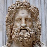 Détail du buste de Zeus d'Otricoli en marbre, copie romaine d'après un original grec du IVe siècle av. J.-C.