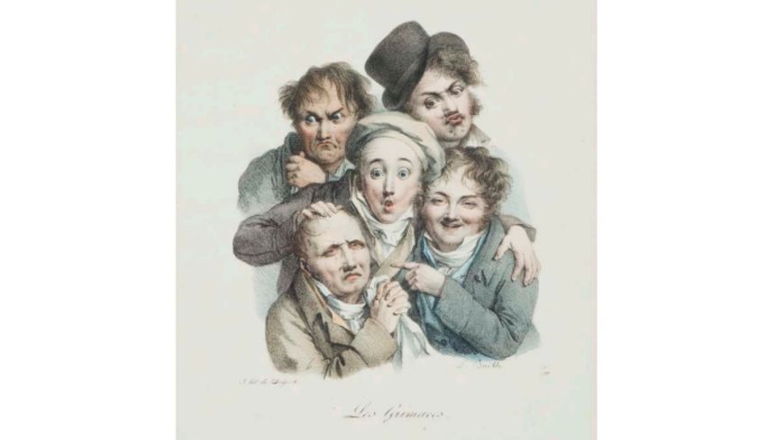 Louis-Léopold Boilly (1761-1845), Les Grimaces, vers 1823. Lithographie, tirage en noir, tirage colorié, 38 × 27,5 cm. Collection particulière