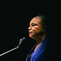 Lors d'un meeting de la candidate Christiane Taubira à Rennes le 11 février 2022.