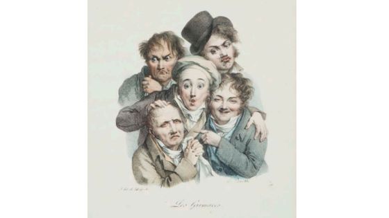 Louis-Léopold Boilly (1761-1845), Les Grimaces, vers 1823. Lithographie, tirage en noir, tirage colorié, 38 × 27,5 cm. Collection particulière - Guillaume Benoît