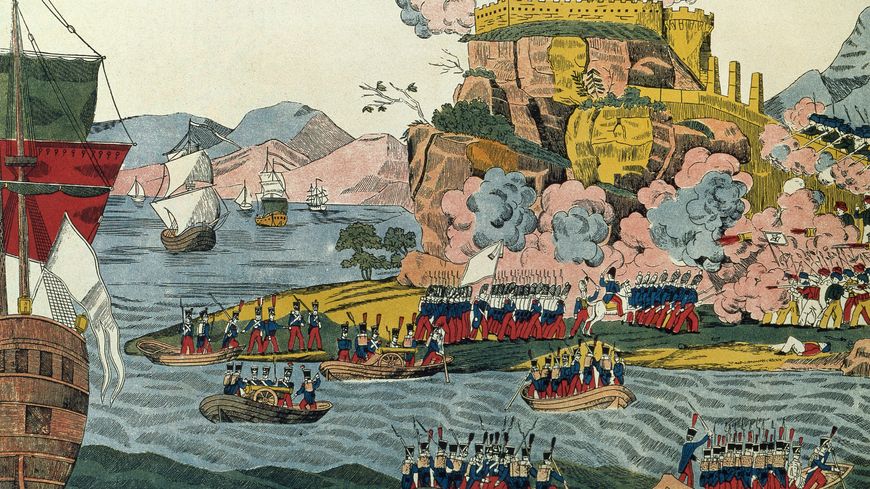 Conquête française de l'Algérie, entrée des troupes françaises dans la capitale, juillet 1830. Lithographie.