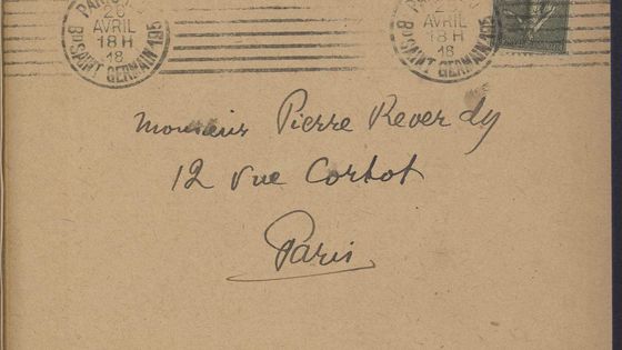Enveloppe destinée à Pierre Reverdy envoyée par Apollinaire en avril 1918. - Don de Gabrielle Chanel, 1962 / Bibliothèque littéraire Jacques Doucet / Gallica