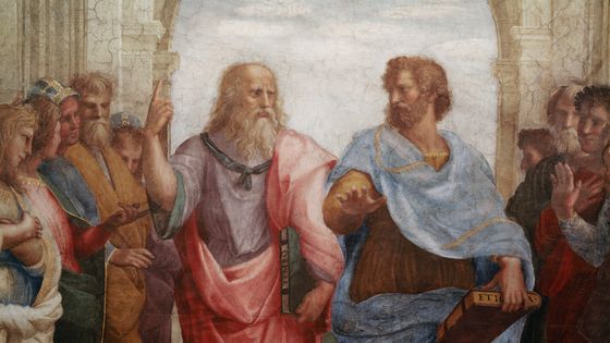 Détail de la fresque de Raphaël L'École d'Athènes" (Aristote et Platon) 1508-1512. ©Getty - Photo par © Ted Spiegel/CORBIS/Corbis via Getty Images