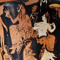 Détail d'un cratère en calice attique à figures rouges, provenant de Thèbes, représentant le dieu Dionysos et l' héroïne Ariane (vers 400-375 av. J.-C)