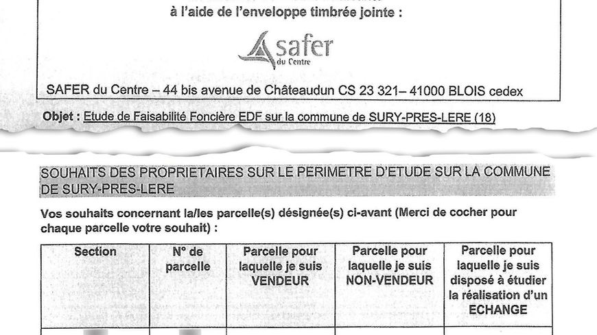 Extraits du questionnaire d’enquête de la Safer, envoyé aux habitants de la commune de Sury-Près-Léré.