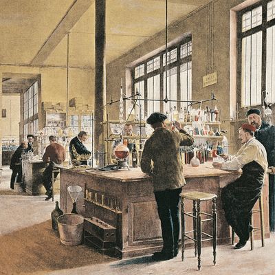 Laboratoire municipal de chimie à Paris en 1887. Gravure d'après un tableau de Ferdinand Gueldry