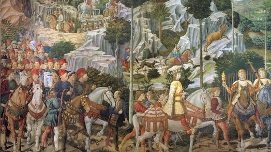 "Le cortège de Gaspard", détail de la fresque "Le cortège des mages" par Benozzo Gozzoli. Chapelle des Mages, palais Medici-Riccardi, Florence, XVe siècle - Leemage / Corbis