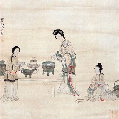 Peinture du XVIIIe représentant une scène tirée du roman "Le Rêve dans le pavillon rouge"