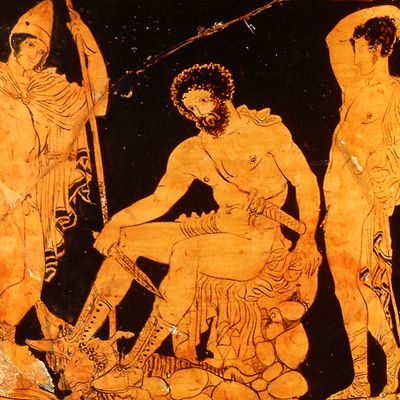 Détail d'un cratère en calice à figures rouges, représentant au milieu le héro homérique Ulysse qui consulte Tirésias aux Enfers, vers 390 av JC