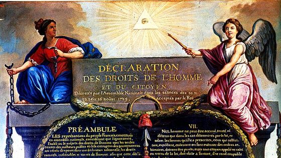 Représentation de la Déclaration des Droits de l'Homme et du Citoyen de 1789. La Monarchie, tenant les chaînes brisées de la Tyrannie, et le génie de la Nation, - Jean-Jacques-François Le Barbier/ Wikipédia