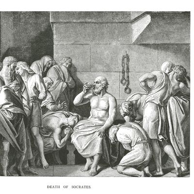 Gravure ancienne représentant Socrate buvant la Ciguë.