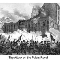 Bataille durant l'attaque du Palais Royal, pendant la Révolution française, 1848 - Gravure
