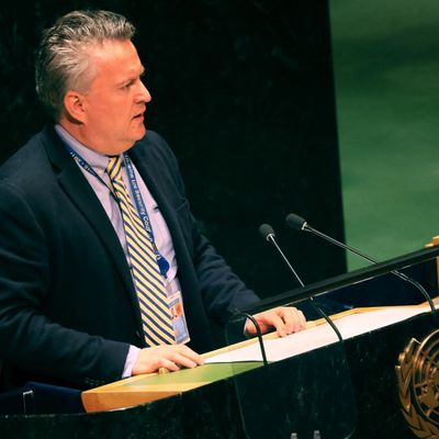 L'ambassadeur ukrainien à l'ONU Sergiy Kyslytsya s'exprime à la tribune de l'Assemblée générale ce jeudi 7 avril 2022 à New York