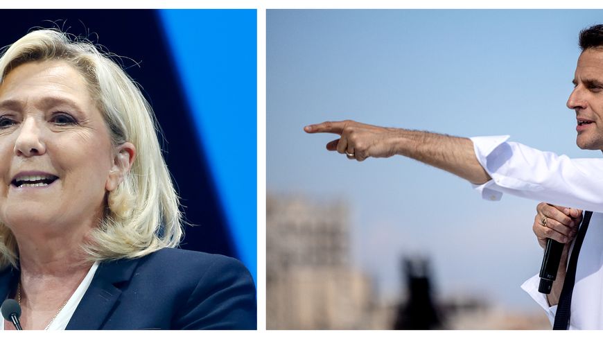 Marine Le Pen en campagne à Perpignan le 7 avril 2022. Emmanuel Macron à Marseille le 16 avril 2022.